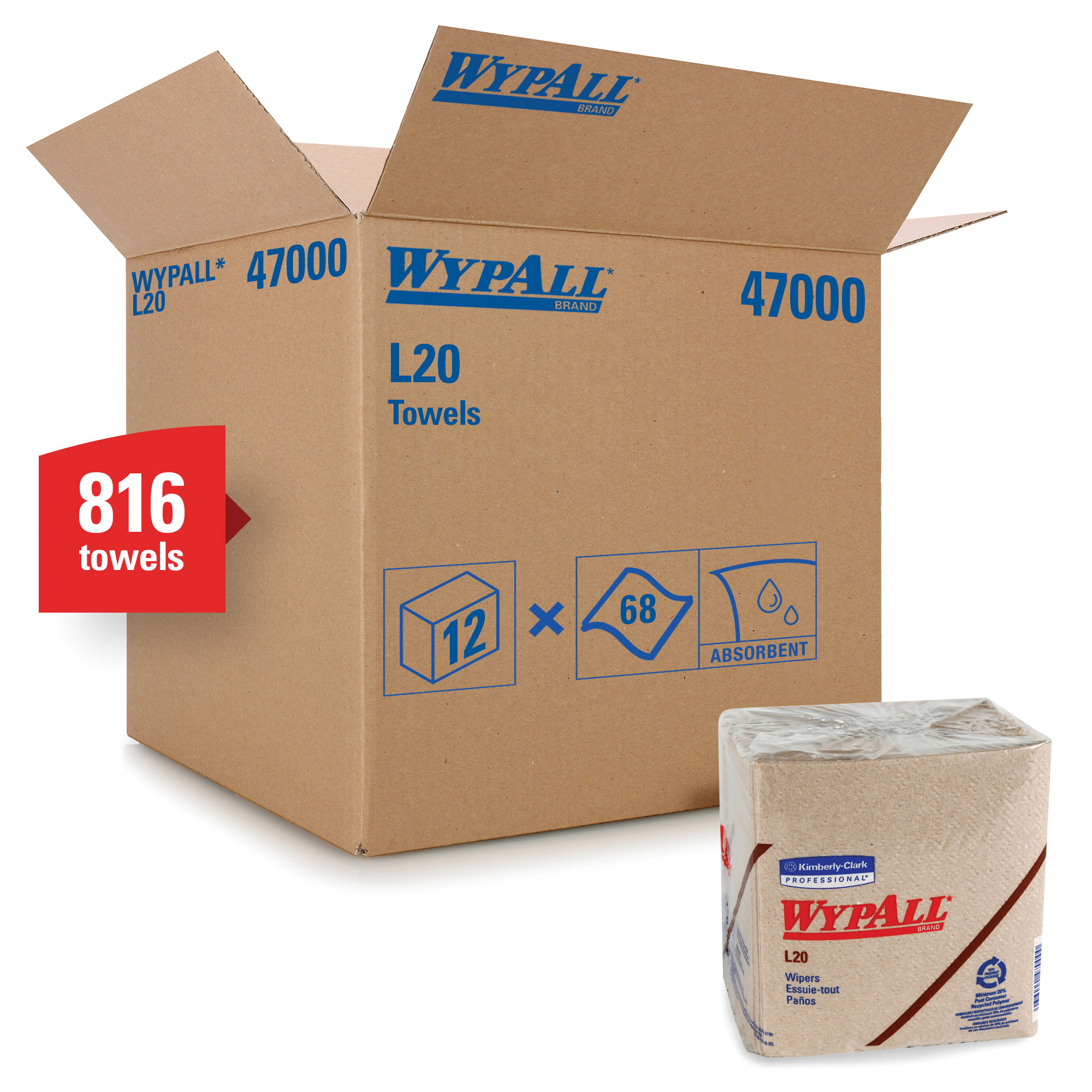 WypAll* 47000 L20 Single Use Cleaning Wiper, 12 x 12-1/2 in, 68 Sheets Capacity, Paper, Tan