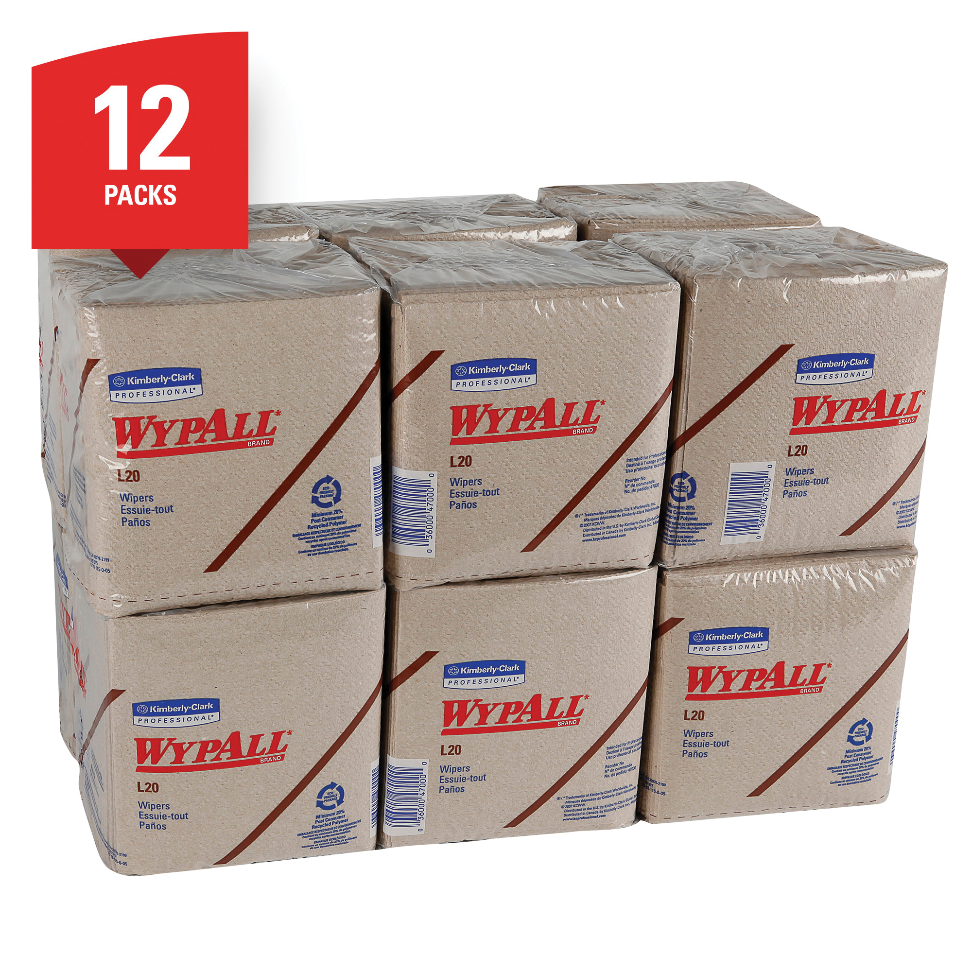 WypAll* 47000 L20 Single Use Cleaning Wiper, 12 x 12-1/2 in, 68 Sheets Capacity, Paper, Tan