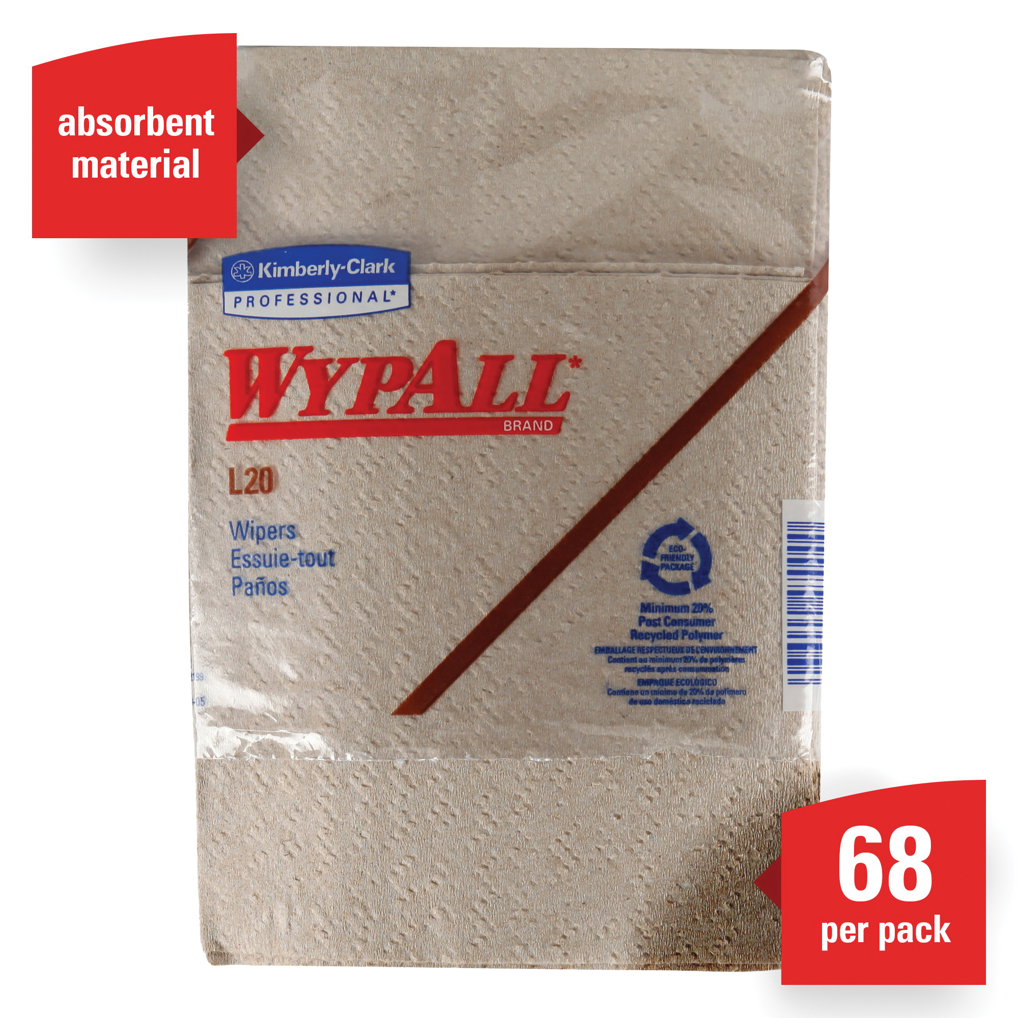 WypAll* 47000 L20 Single Use Cleaning Wiper, 12 x 12-1/2 in, 68 Sheets Capacity, Paper, Tan