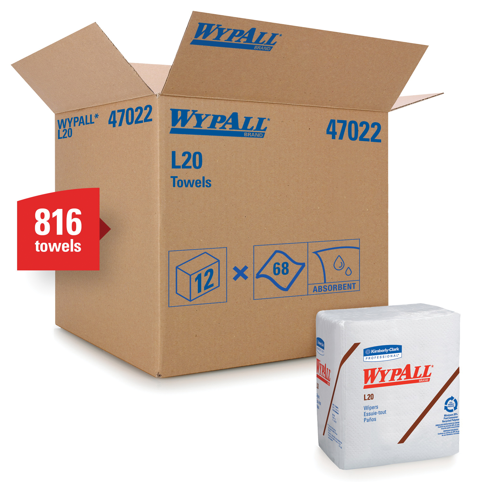 product WypAll* 47044 L20 Single Use Cleaning Wiper, 16.8 x 9.1 in, 88 Sheets Capacity, Paper, White