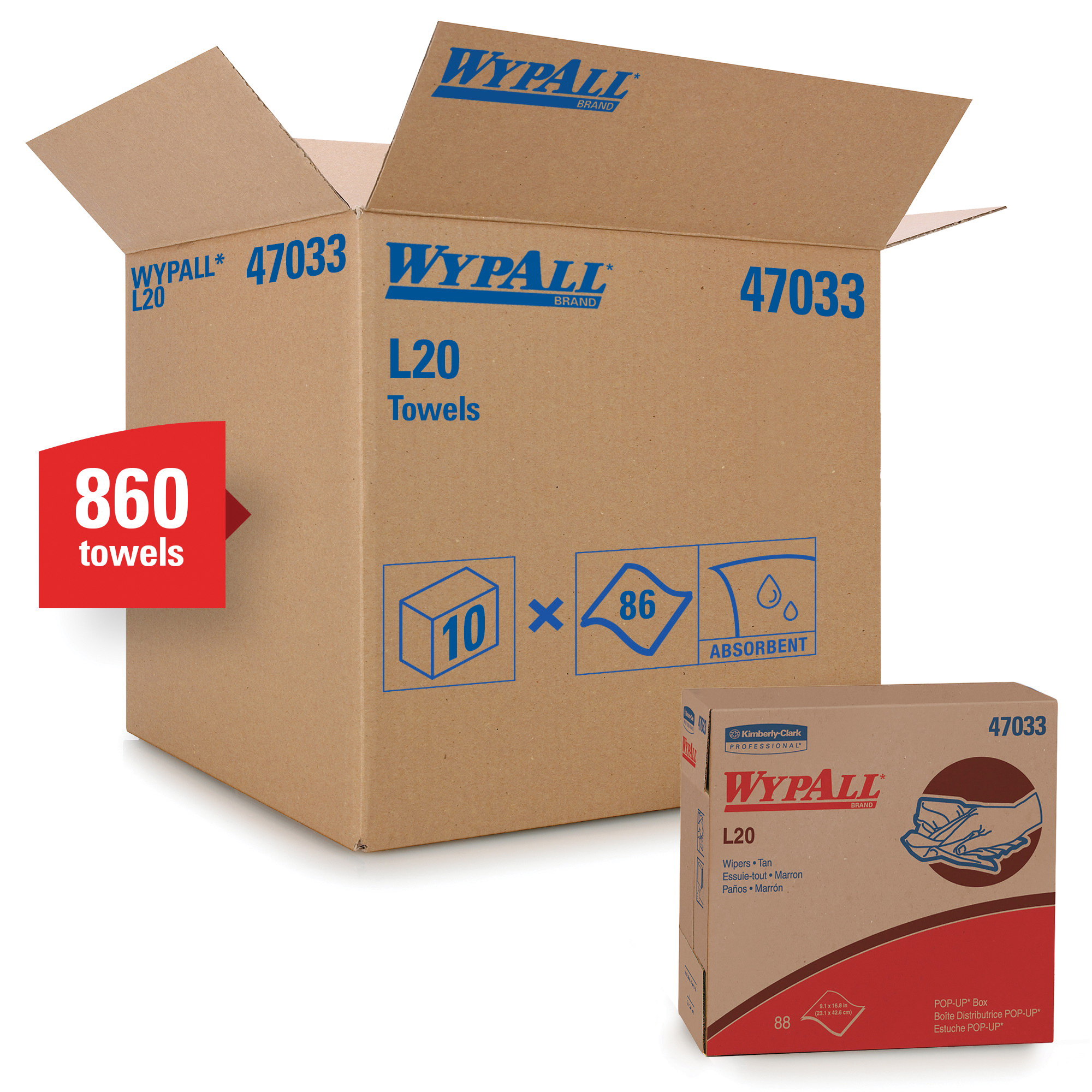 WypAll* 47033 L20 Single Use Cleaning Wiper, 16.8 x 9.1 in, 88 Sheets Capacity, Paper, Tan