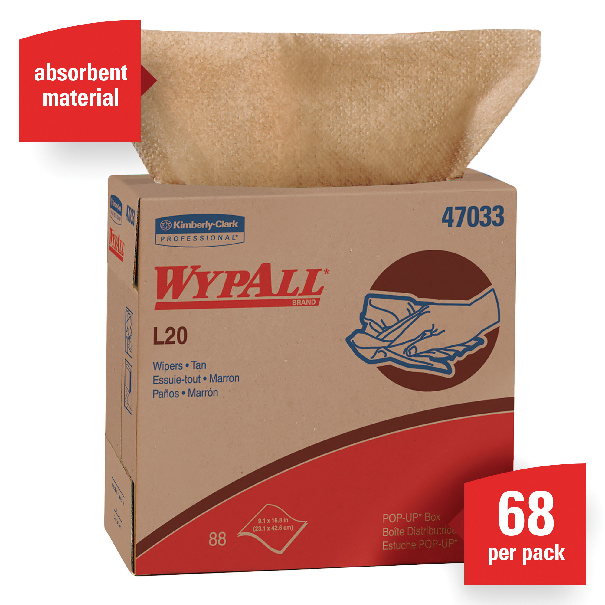 WypAll* 47033 L20 Single Use Cleaning Wiper, 16.8 x 9.1 in, 88 Sheets Capacity, Paper, Tan