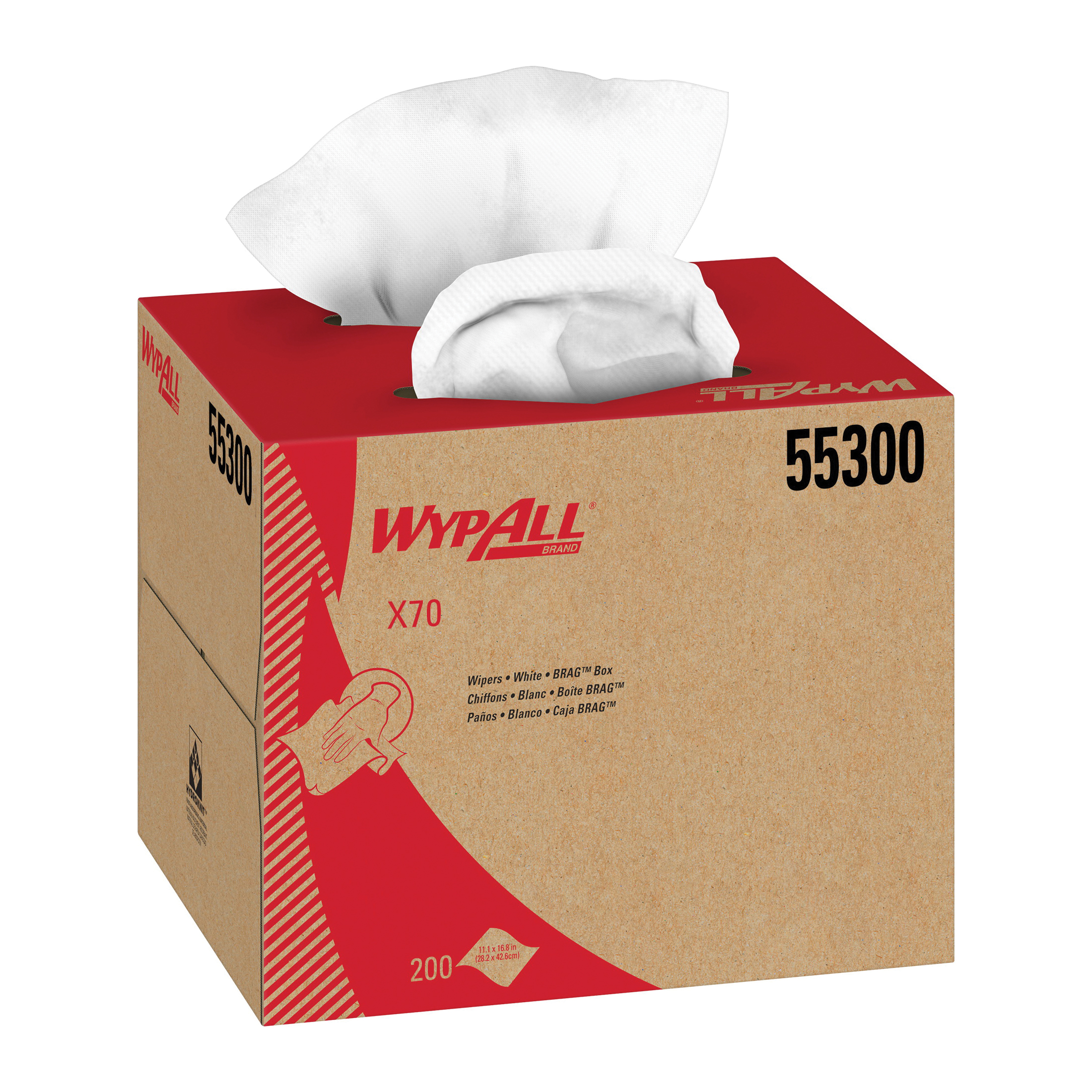 WypAll* 55300 X70 Extended Use Reusable Dry Wipes, 11.1 in W, 200 Sheets Capacity, HydroKnit, White
