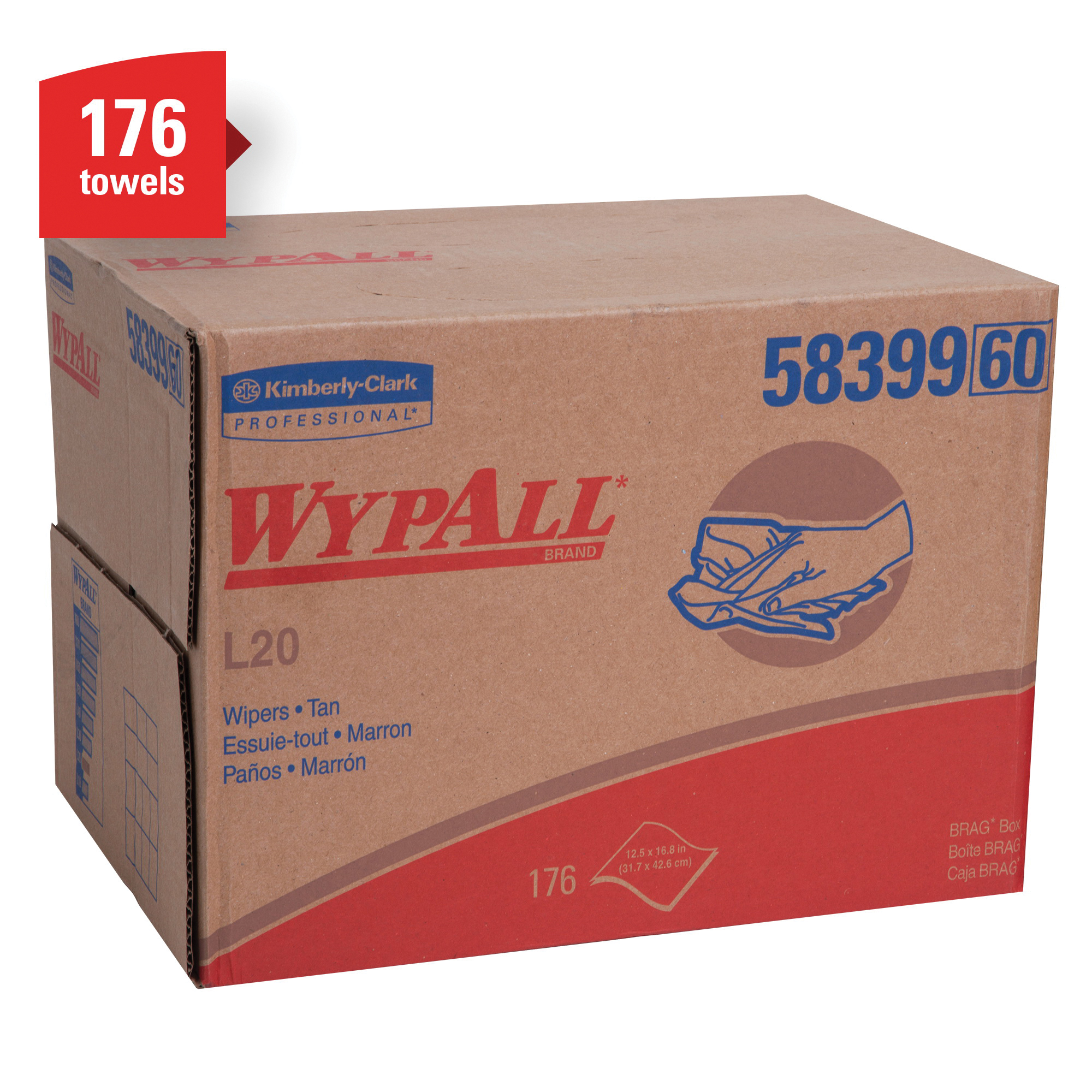 WypAll* 58399 L20 Single Use Cleaning Wiper, 16.8 x 12.5 in, 176 Sheets Capacity, Paper, Tan