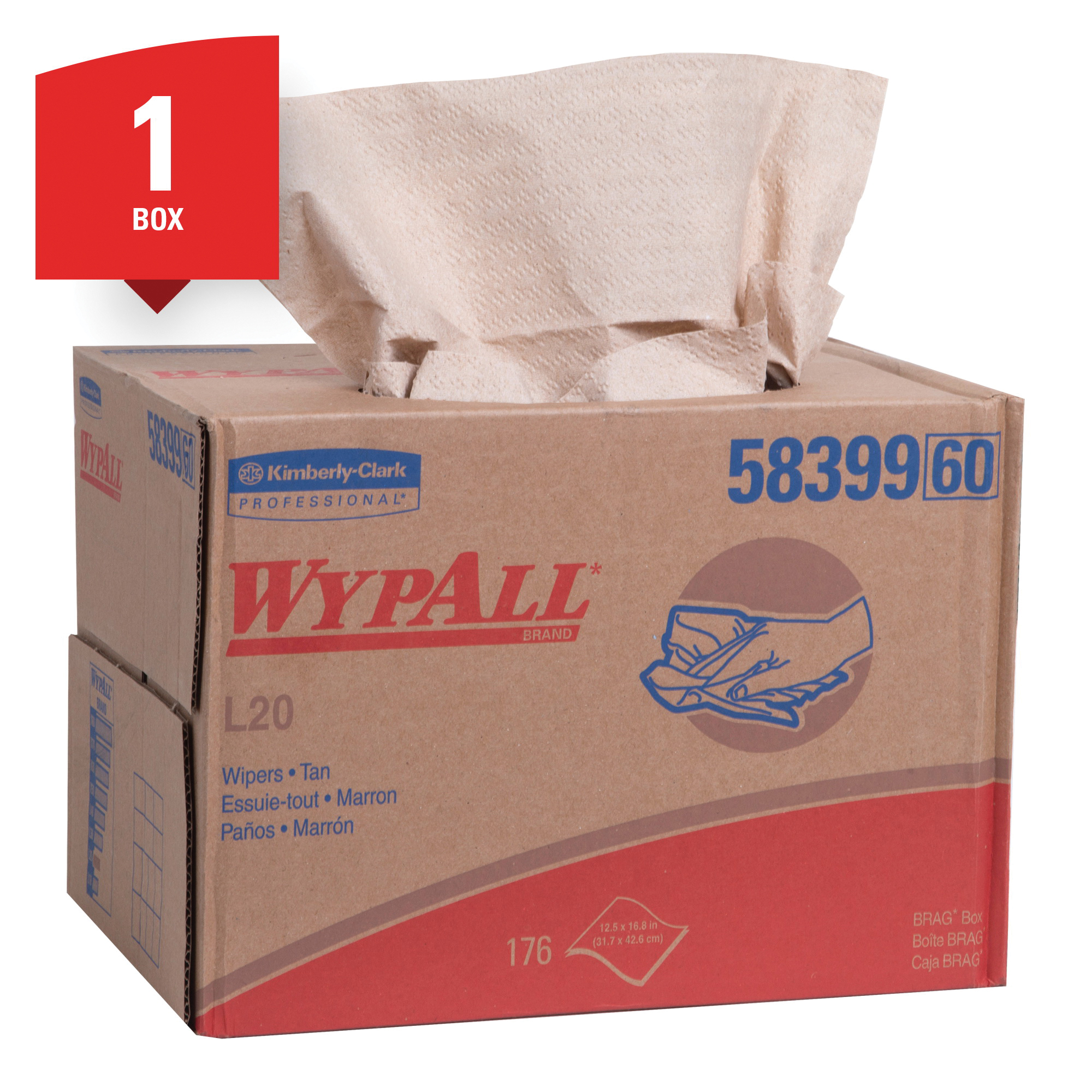 WypAll* 58399 L20 Single Use Cleaning Wiper, 16.8 x 12.5 in, 176 Sheets Capacity, Paper, Tan