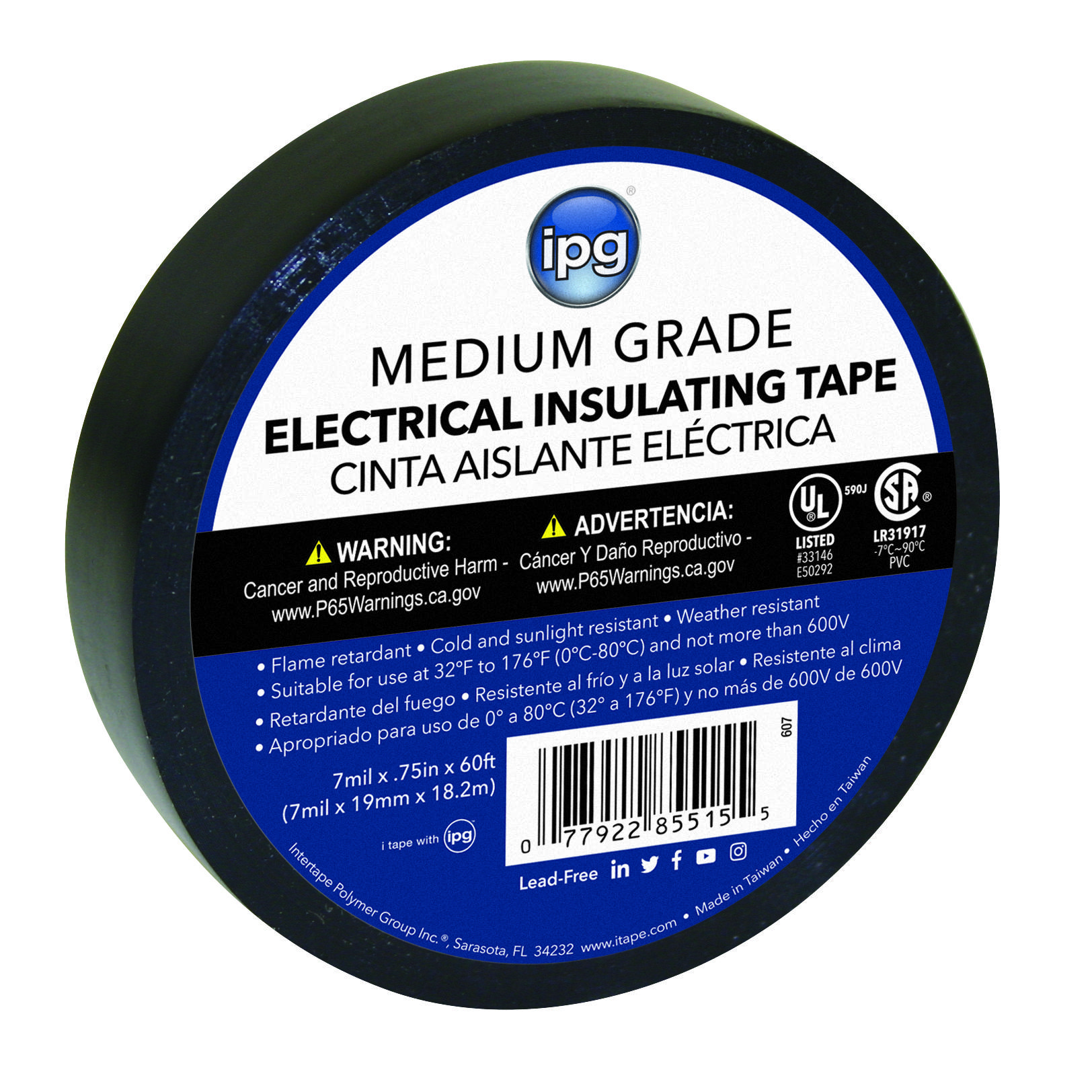 ipg® 602 Economy-Grade General Purpose Electrical Tape, 60 ft L x 3/4 in W, 7 mil THK, Rubber Adhesive, PVC Film Backing, Black