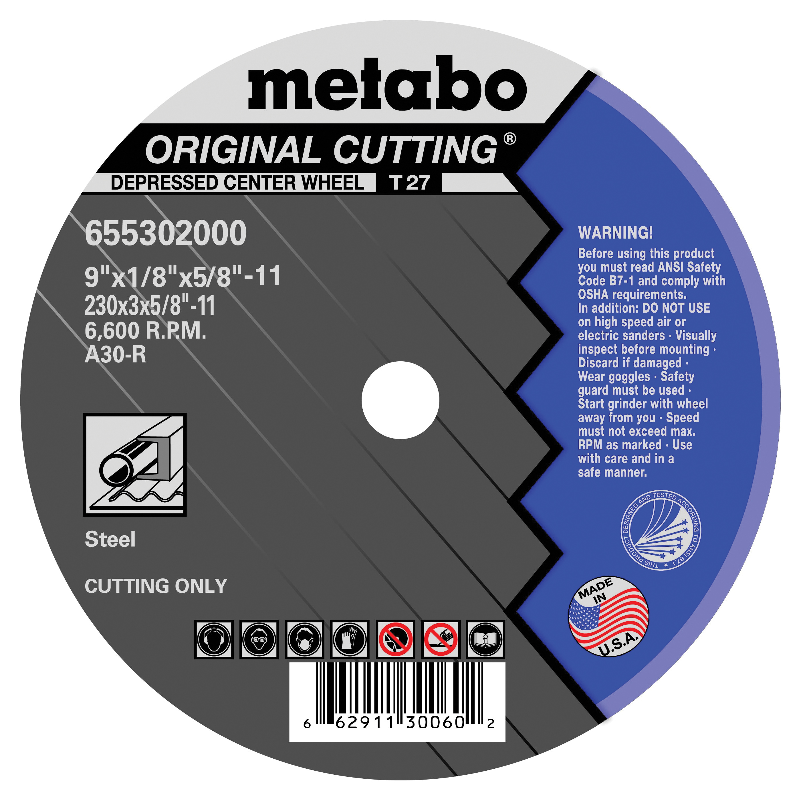 metabo® 655997000 Slicer Plus Long Life Straight Cut-Off Wheel, 4-1/2 in Dia x 0.045 in THK, 7/8 in Center Hole, 60 Grit, Aluminum Oxide Abrasive