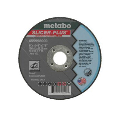 metabo® 655344000 Original Slicer Long Life Type 1 Cut-Off Wheel, 6 in Dia x 0.045 in THK, 7/8 in Center Hole, 60 Grit, Aluminum Oxide Abrasive