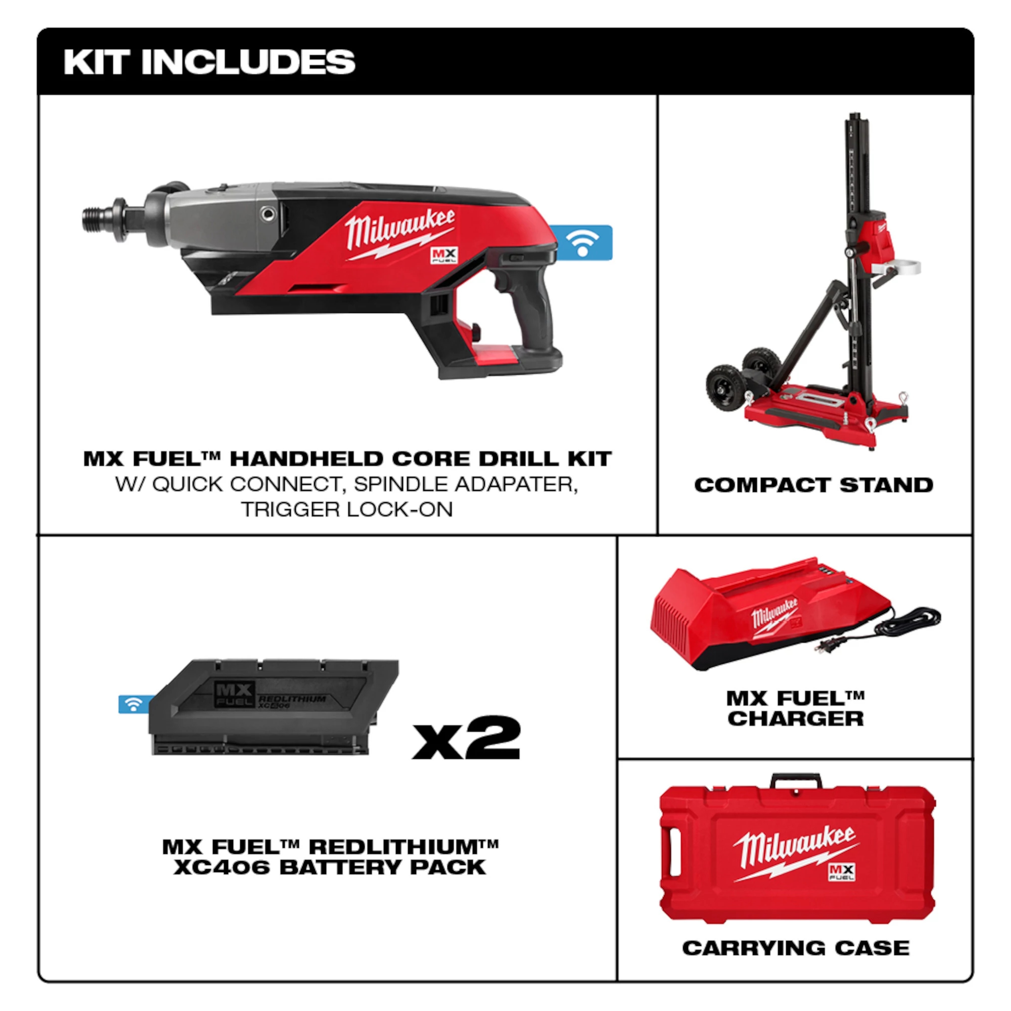 Milwaukee&reg; MX FUEL&trade; MXF301-2CXS Handheld Core Drill Kit With Stand, 1-1/4 to 7 in Chuck, 790/1550 rpm No-Load, Li-Ion Battery
